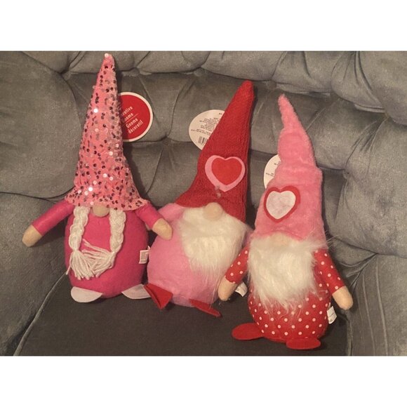 3 Gnome Plush Valentines Day Decorative Hearts 13" Pink Red Seasonal Col… - Picture 1 of 8